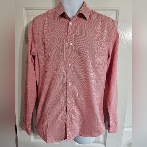 H&M Button Up Dress Shirt Men Medium Pink White Pinstripe Preppy Classic Office - Picture 2 of 6